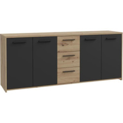 Buffrticuleset PILVI - Style contemporain - Décor Chêne artisan et Noir- 4 portes + 3 tiroirs - L179,2 x P42 x H74,5