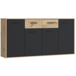 Buffet PILVI - Style contemporain -   Décor Chêne et noir - 4 portes + 2 tiroirs - L 162,3 x P 34,2 x H 81,7 cm