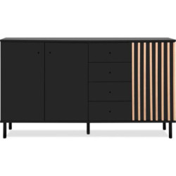 Buffet - MONZA - Décor noir / chêne - 3 portes - 4 tiroirs - 160 x 90 x 40 cm